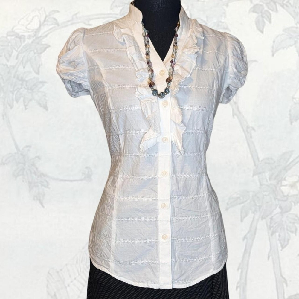SOLD White Ruffled Cap Sleeve Women's Button Up Blouse